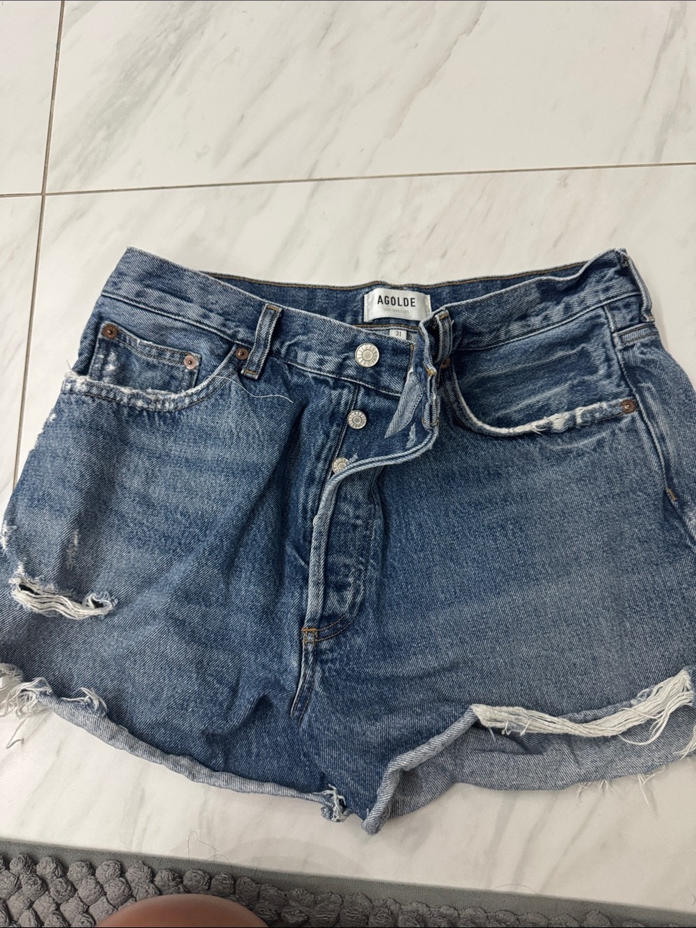 AGOLDE Frayed High-Rise Blue Denim Shorts